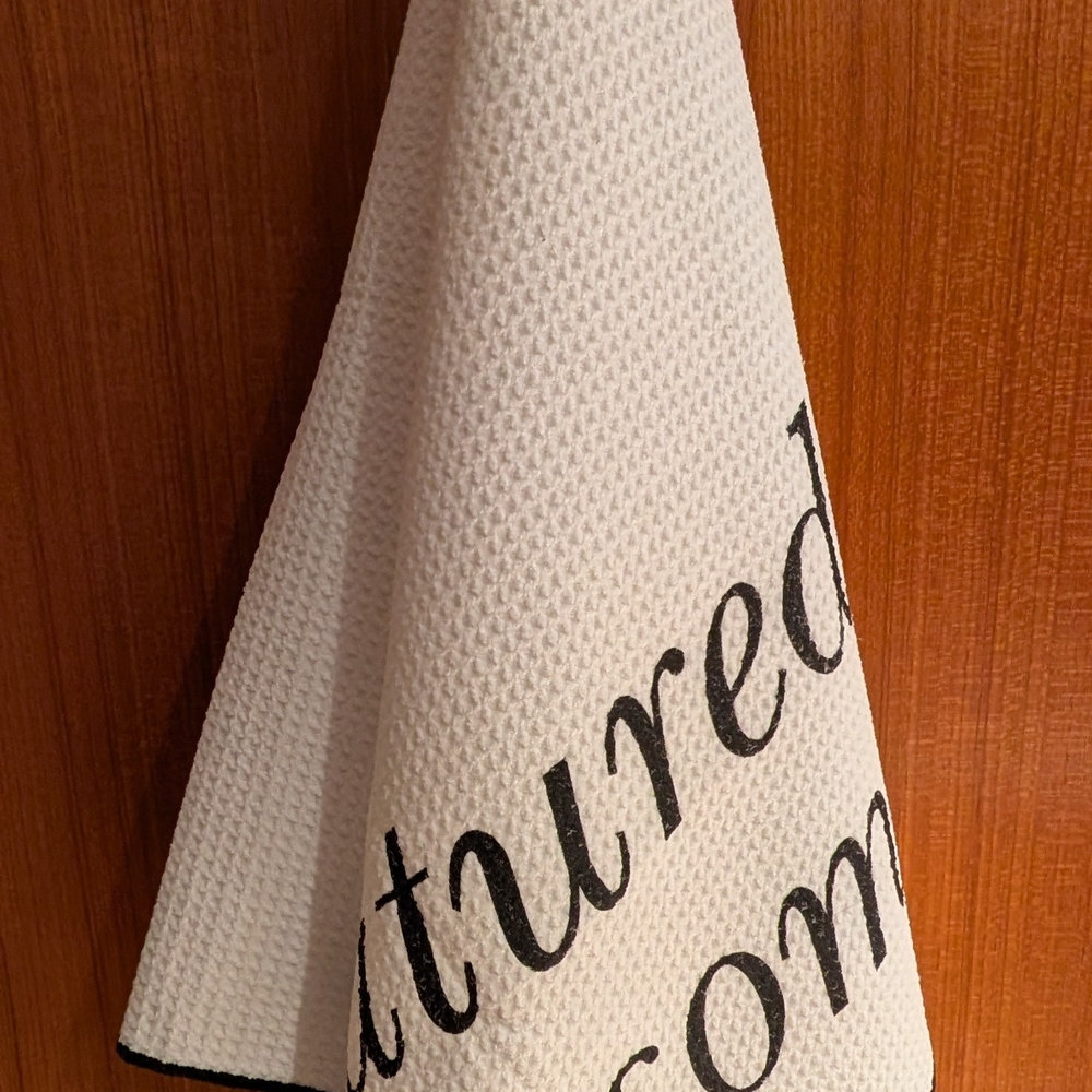 White Textured Towel with Black Lettering